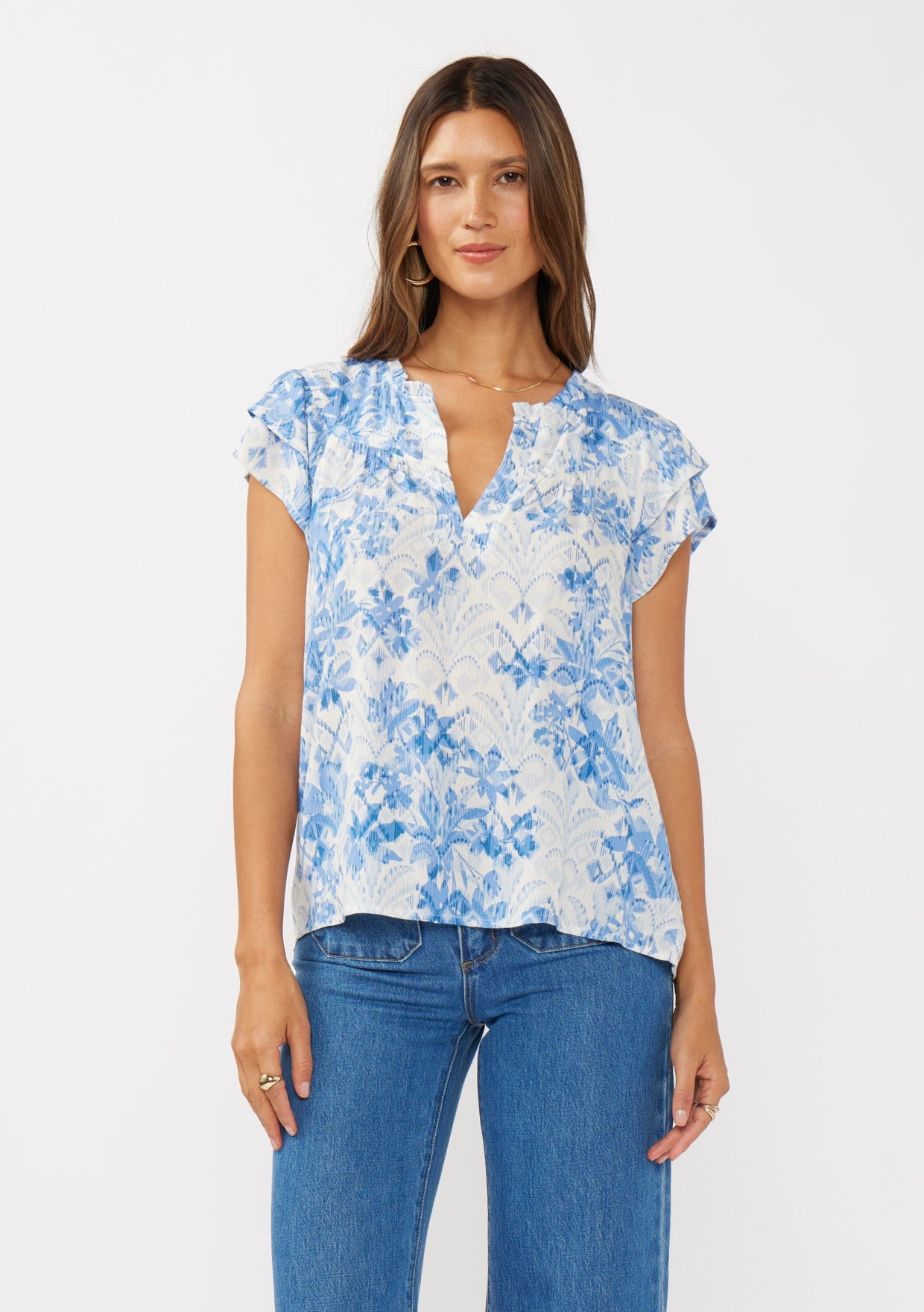 Double Ruffle Slv Split Neck Top