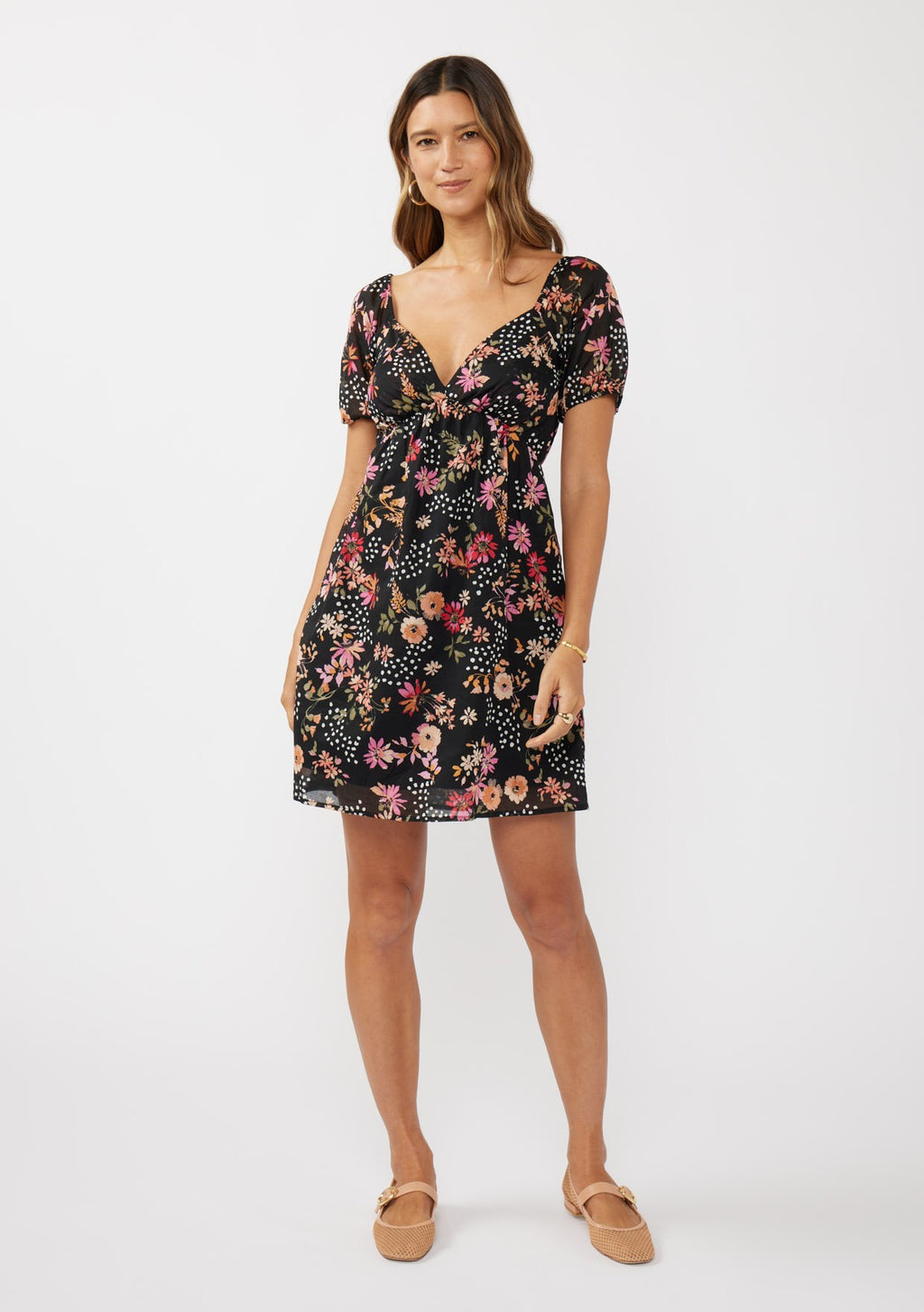 Short Puff Slv Empire Waist Mini Dress W/ Smocked Back Band