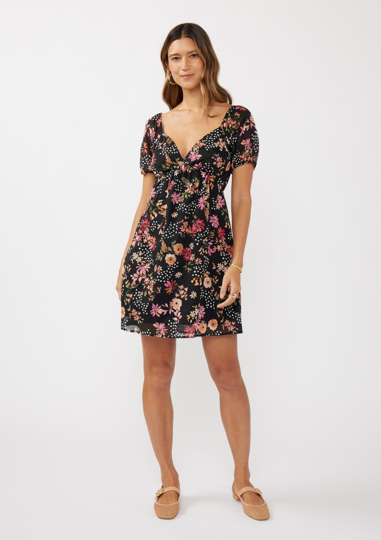Short Puff Slv Empire Waist Mini Dress W/ Smocked Back Band