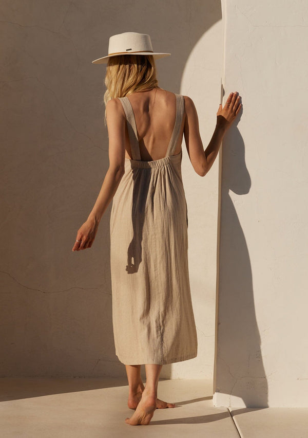 Washed Linen Cotton Sleeveless Midi Dress With V-Neck Front and Drop Back