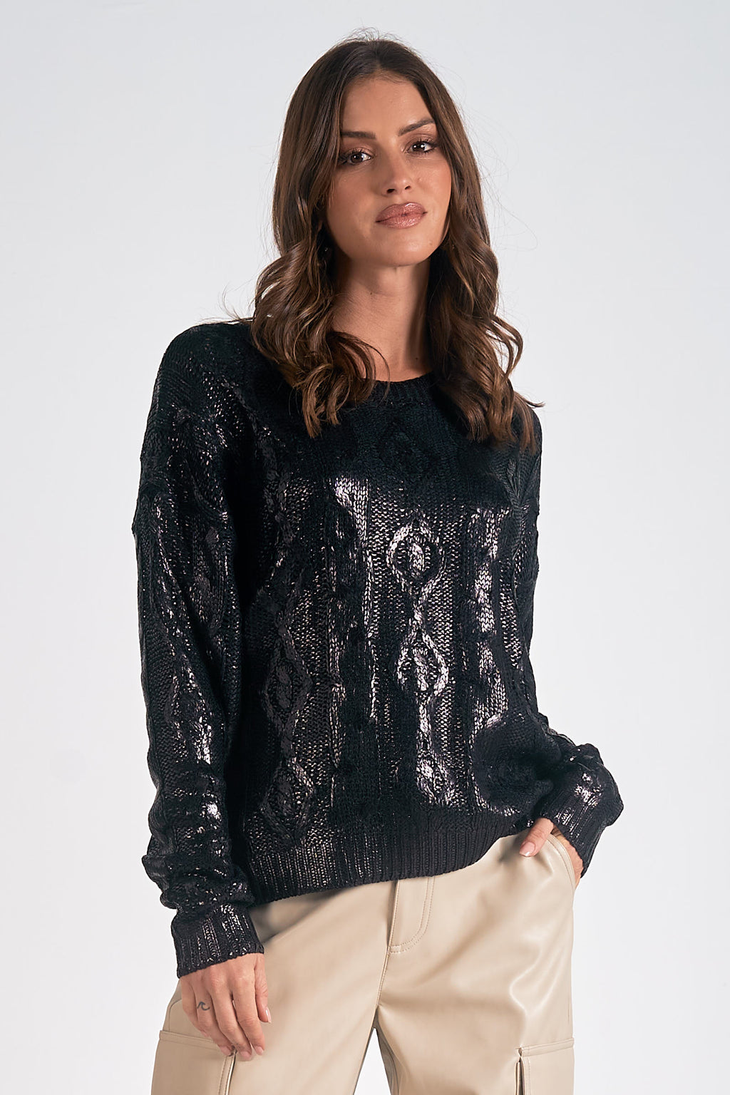 Elan Metallic Crewneck Sweater in Black and Silver