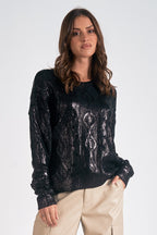 Elan Metallic Crewneck Sweater in Black and Silver