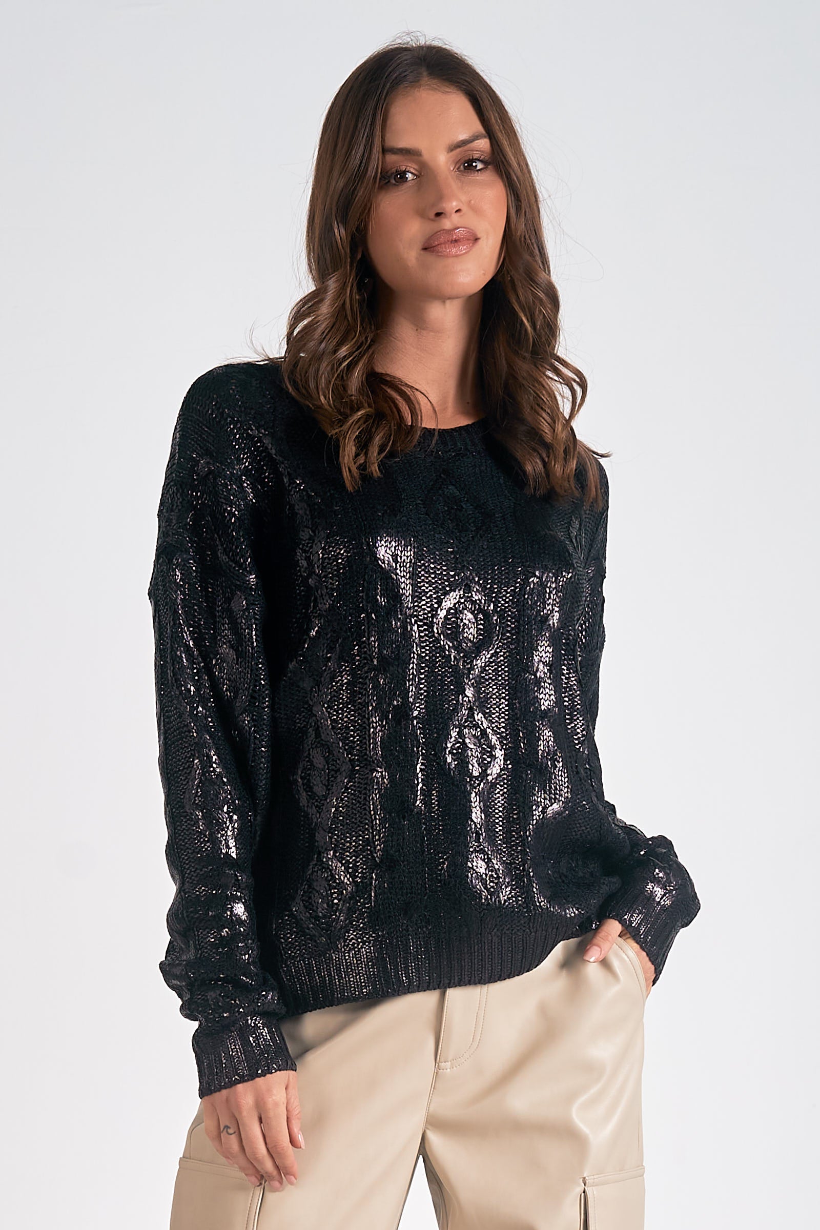 Elan Metallic Crewneck Sweater in Black and Silver