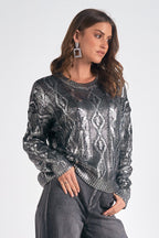 Elan Metallic Crewneck Sweater in Black and Silver