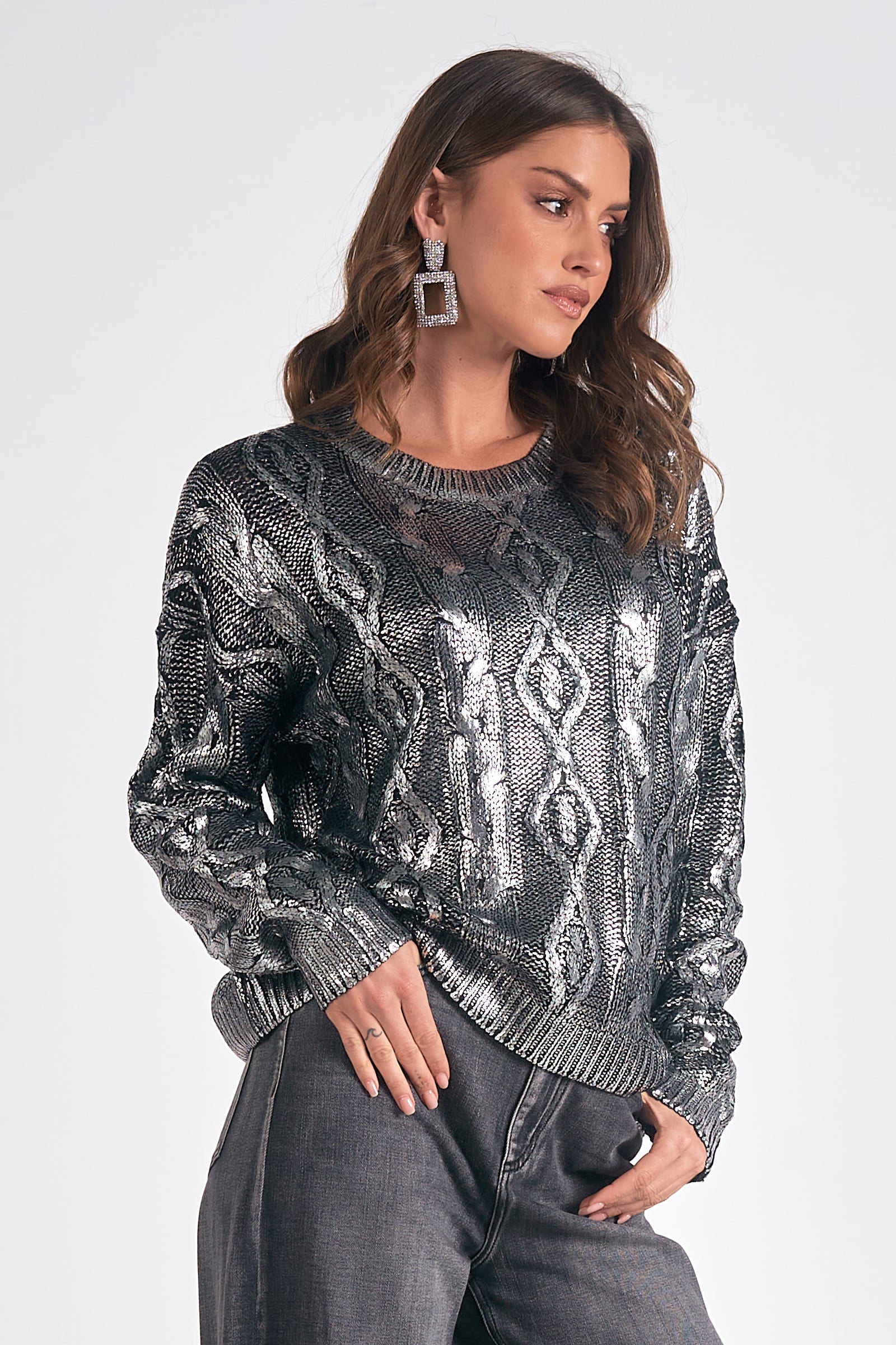 Elan Metallic Crewneck Sweater in Black and Silver