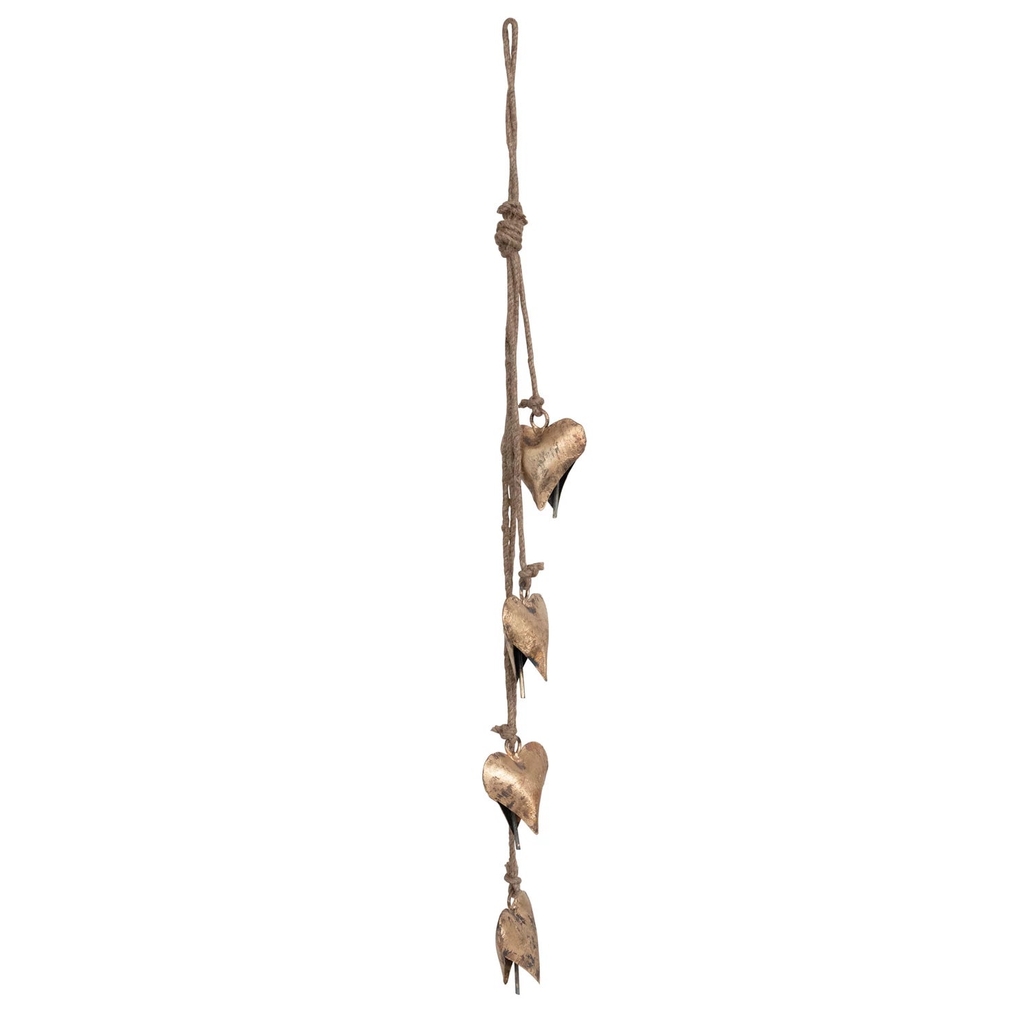 25-3/4"H Metal Hearts on Jute Rope - Brass Finish