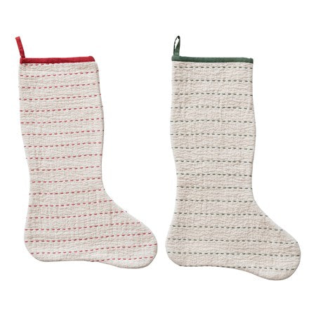 20"H Cotton Stocking w Kantha Stitch - 2 Colors